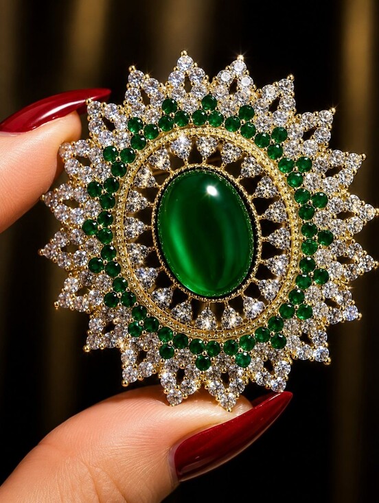Anthropologie Jewelry - Gold-Tone Emerald and Clear Sunburst Brooch